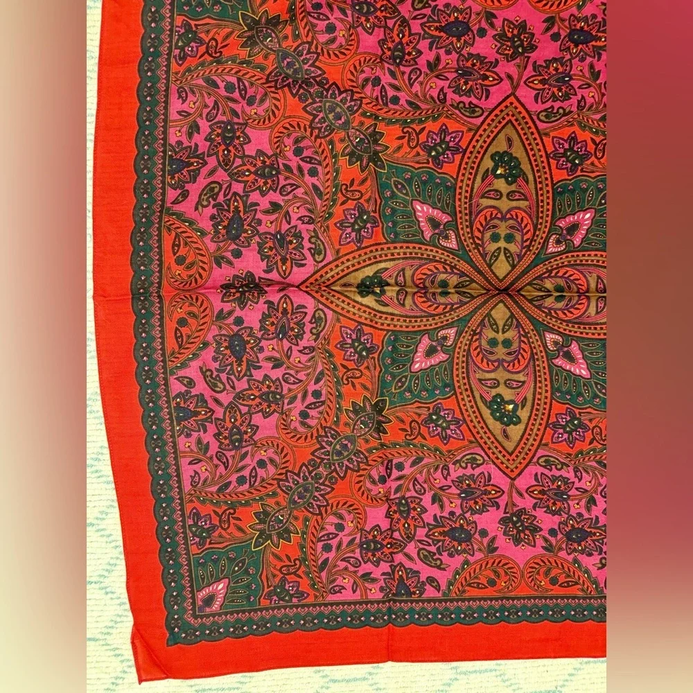 CHRISTIAN DIOR Vintage Rare Red Paisley Floral Retro 100% Wool Square Scarf